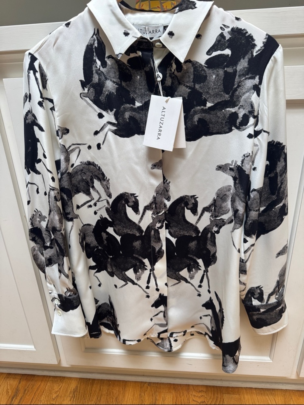 Altuzarra Women’s Silk White & Black Horse-Print Button-Up Shirt